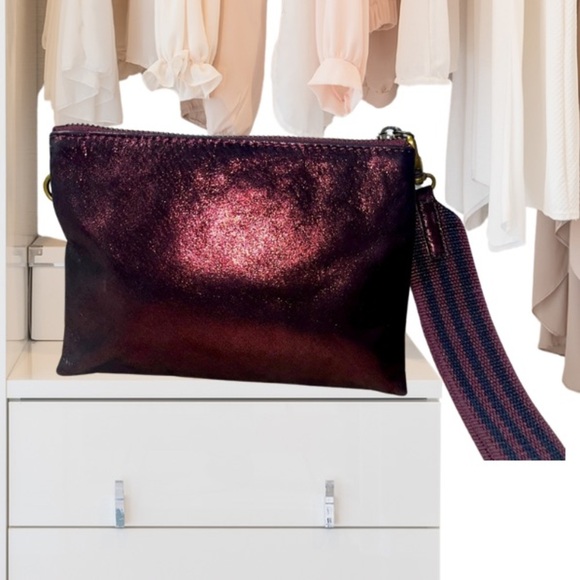 Anthropologie Women’s Leather Jackson Metallic Leather Wristlet, Maroon - Picture 1 of 15